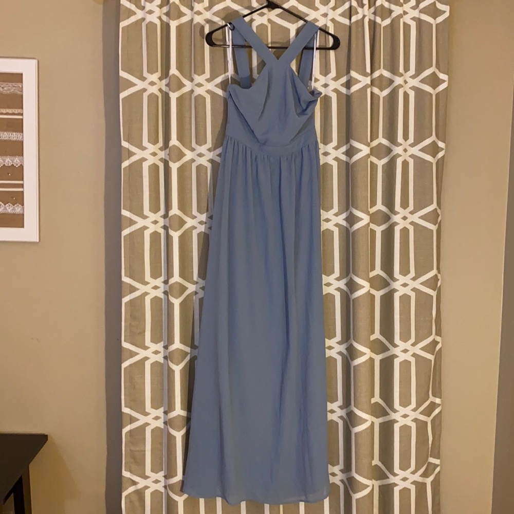Lulu’s “air of romance” slate blue maxi dress